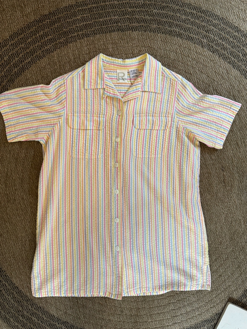 Roaman's Pastel Rainbow Stripe Cotton Seersucker Button Down Shirt M fits 14/16W